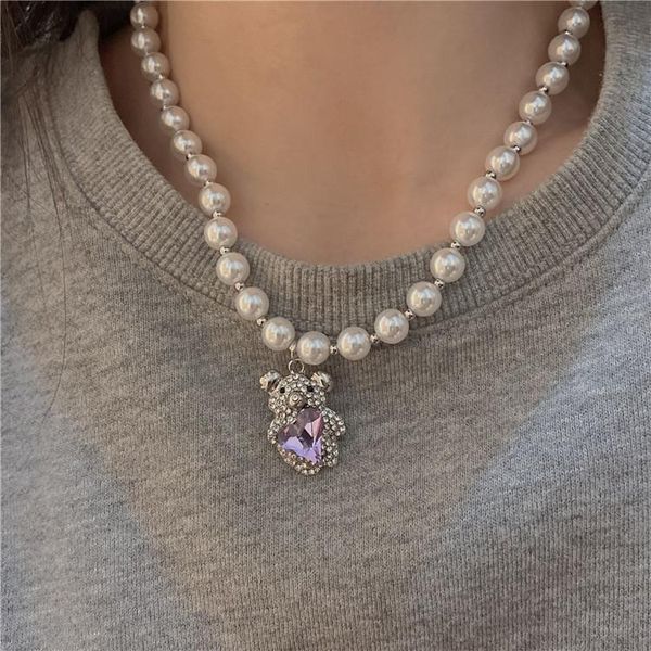 

chains light luxury high sense full diamond bear pearl necklace female korean niche design temperament wild clavicle chain, Silver