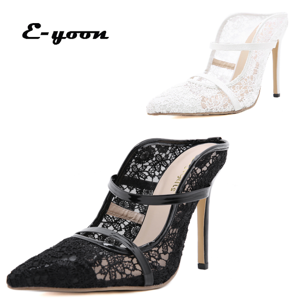 

sandals 2021 summer fashion hollow out pumps 12 cm high heels black and white lace shoes women casual pointed toe mesh ladies