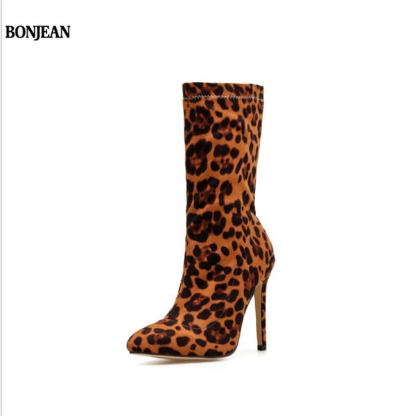 

boots autumn and winter women's in the tube large size fine-heeled stretch cloth leopard pointed high-heeled, Black