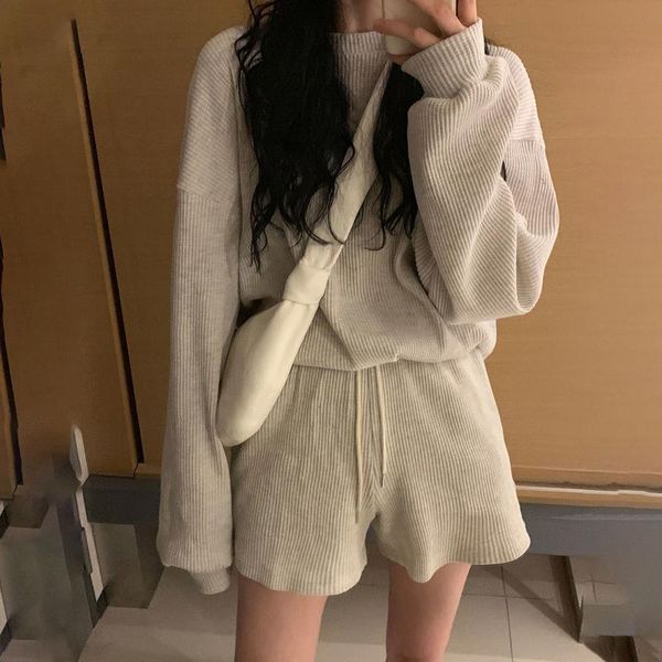 

women's tracksuits casual sweet preppy style cotton two piece set women long sleeves sweater +high waist shorts loose lace up solid tra, Gray