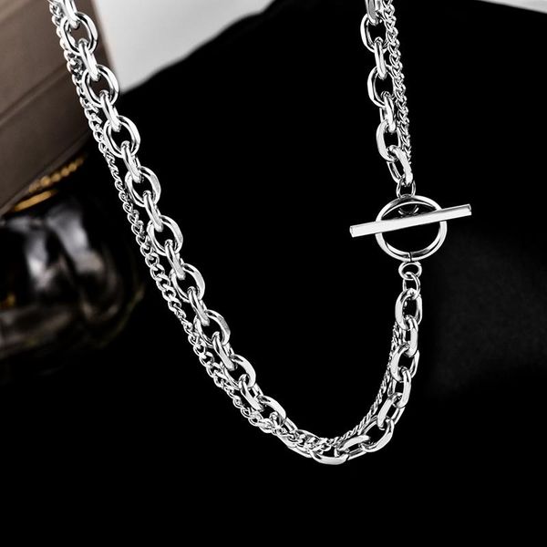 

chains simple stainless steel double metal chain necklace hip hop street cold wind collar bone titanium, Silver