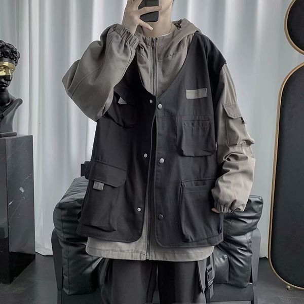 

men's jackets male cargo jacket, hip hop, streetwear, hoodie, fake, two cotton coats, korean, fall, spring, clothes, windbreaker, bombe, Black;brown