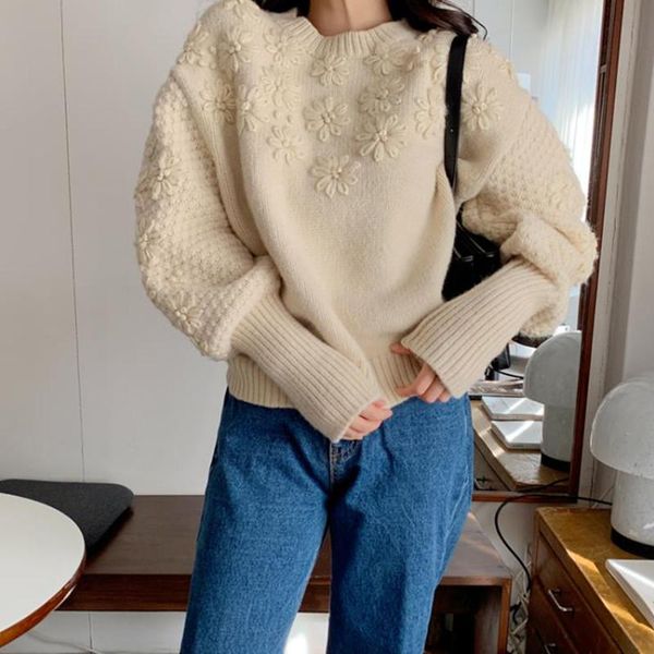 

fashion loose knit jumper lantern sleeve knitted sweater women vintage thick soft embroidery flower pullovers coat women's sweaters, White;black