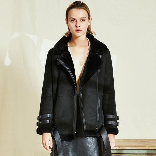 

women's leather & faux fashion genuine jacket women winter real fur high-end lambs wool motorcycle bomber jackets sheepskin coat, Black