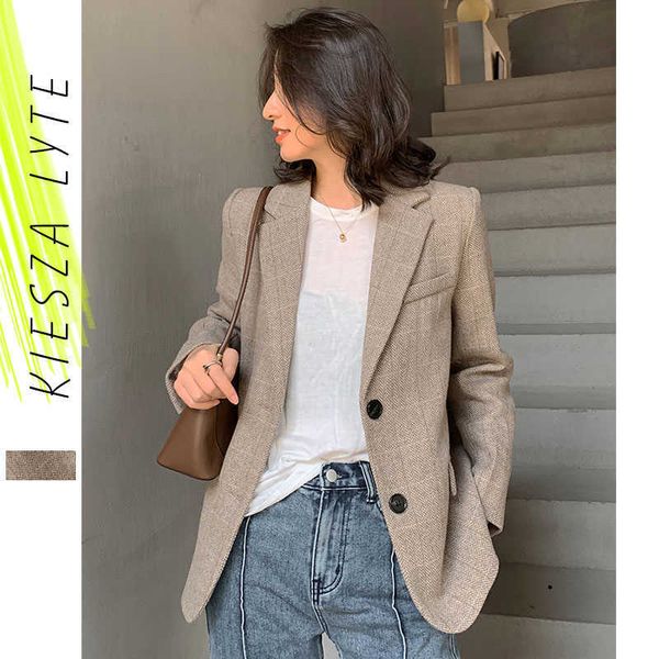 

woolen blazer women autumn winter padded grey plaid wool blazers jacket vintage office lady female notched coat feminino 210608, White;black