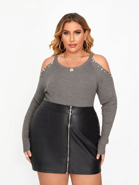 

plus cold shoulder pearls beaded sweater q8pk#, Black