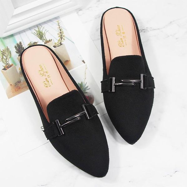 

slippers 2021 metal decoration pointed toe mules women flat shoes woman flipflops outside slip on cover slide plus size42/44, Black