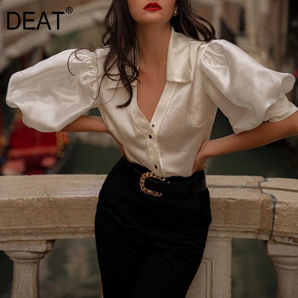 

[deat] summer fashion single-breasted puff sleeve solid color turn-down collar temperament women shirt 13q263 210527, White
