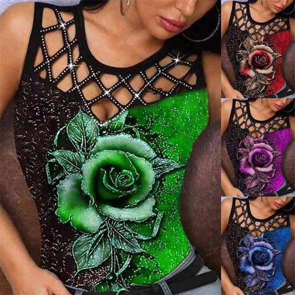 

women's fashion summer floral printed multicolor rose sleeveless tank plus size hollow out ladies casual vest shirts 210705, White