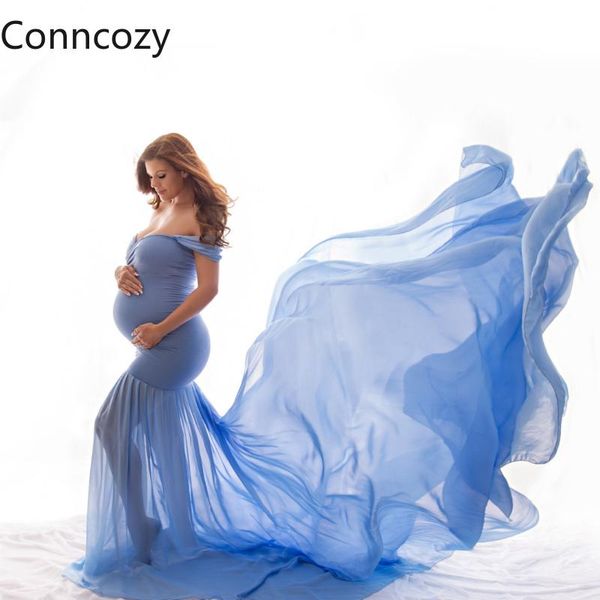 

women's mercerized long maxi dresses maternity cotton chiffon patchwork pregnancy dress shoulderless tail pography, White