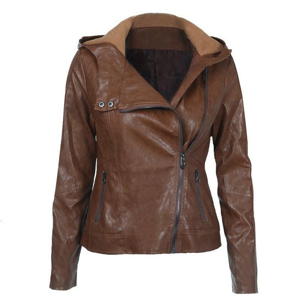 

women's leather & faux women jacket fashion hooded solid motorcycle slim plus size side zip pu outwear female autumn winter coat, Black
