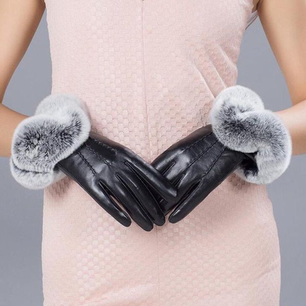 Gloves без пальцев 2021 бренд мода Женщины сенсорный экран экрана PU кожаная осенняя пэчворка зима теплое мех