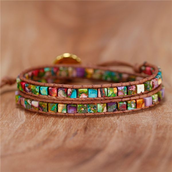 

vintage leather high end multi colors natural stones 2 strands wrap bracelets woven bead statement bracelet handmade, Golden;silver