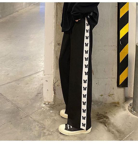 

women's pants & capris harajuku 2021 women elastic high waist straight loose casual butterfly print full length black trousers womans, Black;white
