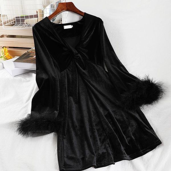 

casual dresses vintage pleuche mini dress women v neck plush patchwork streetwear long sleeve female black party, Black;gray
