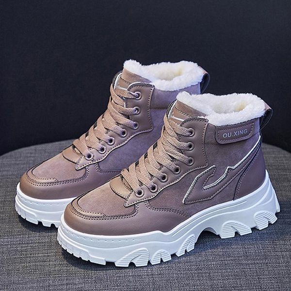 

boots 2021 fashion winter thick bottom snow women lace up plush warm booties platform shoes with fur ladies chunky ankle, Black