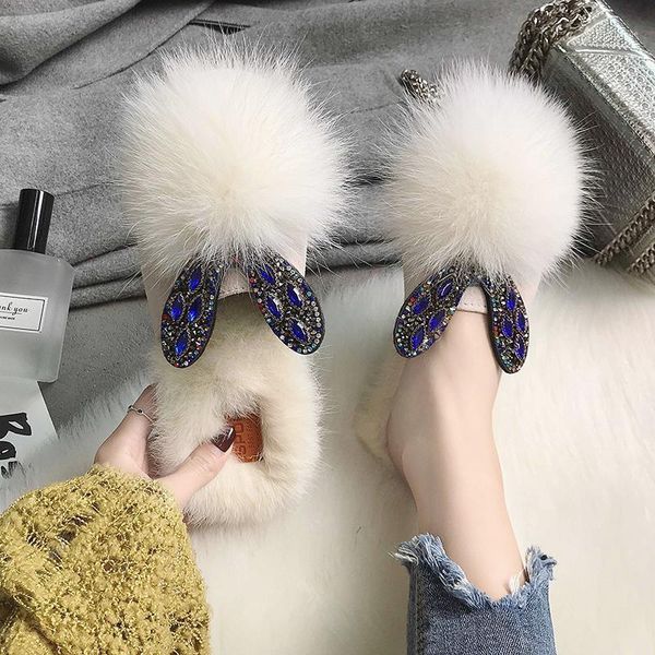 

slippers 2021 crystal women fur home fluffy sliders plush furry summer flats sweet ladies shoes cute pantufas k5-68, Black