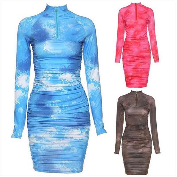 

long sleeves bodycon women dresses midi pencil gradient tie-dye print turtleneck half zip up ruched pleated clubwear, Black;gray
