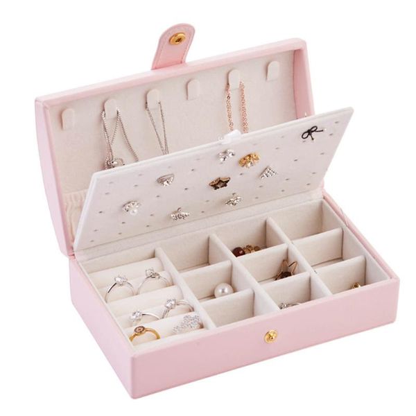 

simple necklace earrings ring double layer multi-grid jewelry box portable pu multifunctional storage solid color cosmetic bags & cases