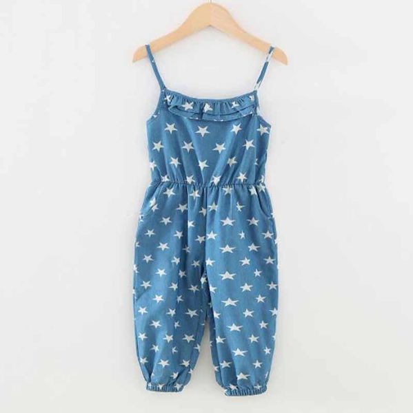 

jumpsuits big girls summer star print long pant spaghetti strap denim jeans rompers children kids holiday casual overalls, Blue