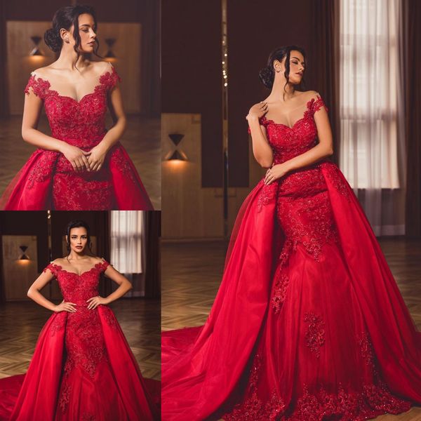 

red beaded lace mermaid prom dresses with detachable train sheer bateau neck appliqued evening gowns plus size tulle formal dress, Black