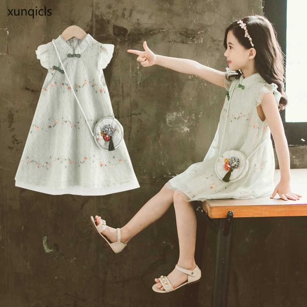 Novo bebê menina cheongsam vestido com saco 2020 na moda meninas festa vestidos crianças vestido de princesa crianças roupas de verão q0716