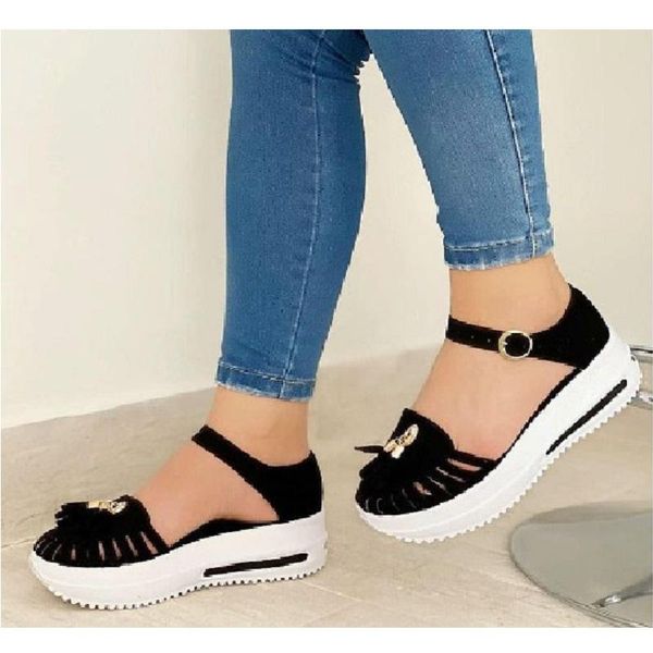 

summer women shoes round toe beach sandals flat hollow out buckle strap slip-on ladies fashion platform gladiator heels dress, Black