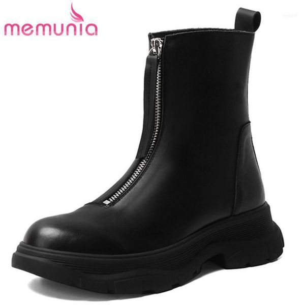 

boots memunia 2021 arrive casual flat shoes women genuine leather round toe zip autumn winter woman ankle black11, Black