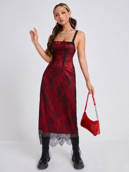 

bow front eyelash lace cami dress w4ta#, Black;gray