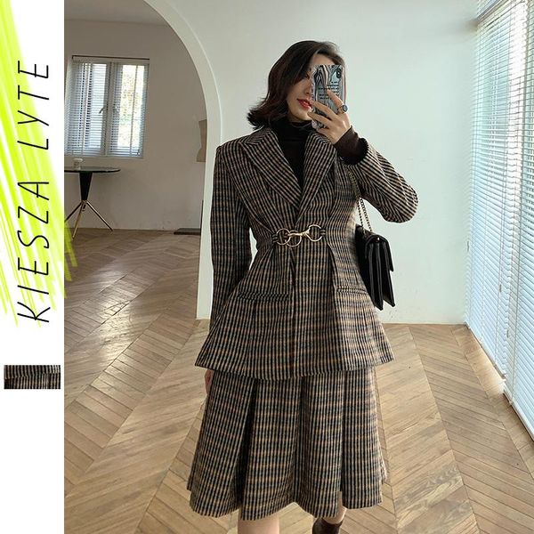 

two piece dress runway fashion blazer skirt suit woman 2021 vintage plaid pleated woollen two-piece set office lady, White