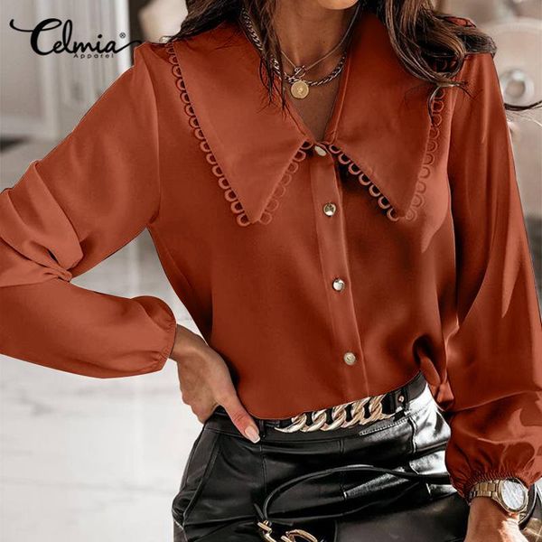 

blouses celmia fashion lantern sleeves peter pan collar shirts elegant office lady buttons blusas women casual lace stitching s-5xl, White