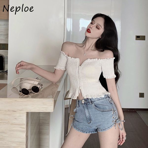 

kuzuwata slash neck shoulder strapless slim fit blouse women zipper design draped blusas spring solid shirt femme 210510, White