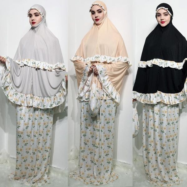 

ethnic clothing ramadan eid women prayer garment print muslim set 2 piece matching outfit hooded khimar hijab long skirt abaya dress islam, Red