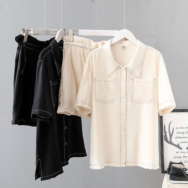 

women's tracksuits 2021 summer two piece sets women office casual beach skirts 2pcs chiffon turn down collar and shorts plus size, Gray