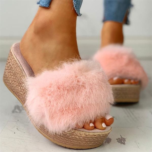 

winter women slippers pumps high heel ladies mules fur slides wedding party platform shoes peep toe wedges gladiator sandals 210619, Black