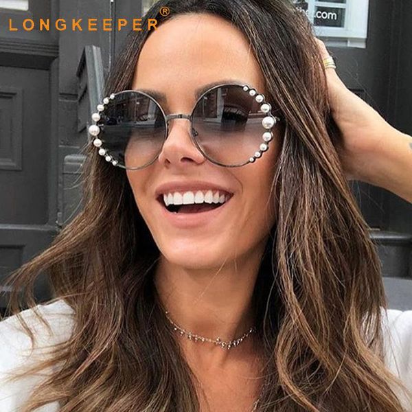 

sunglasses luxury round pearl women brand designer alloy frame cat eye sun glasses female black shades uv400 lentes de sol mujer, White;black