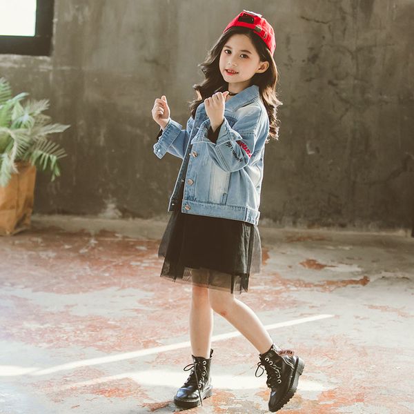 

girls denim jacket 4-13 years old kids denim coat spring and autumn back embroidered letters jacket girl coats baby girl coat, Blue;gray