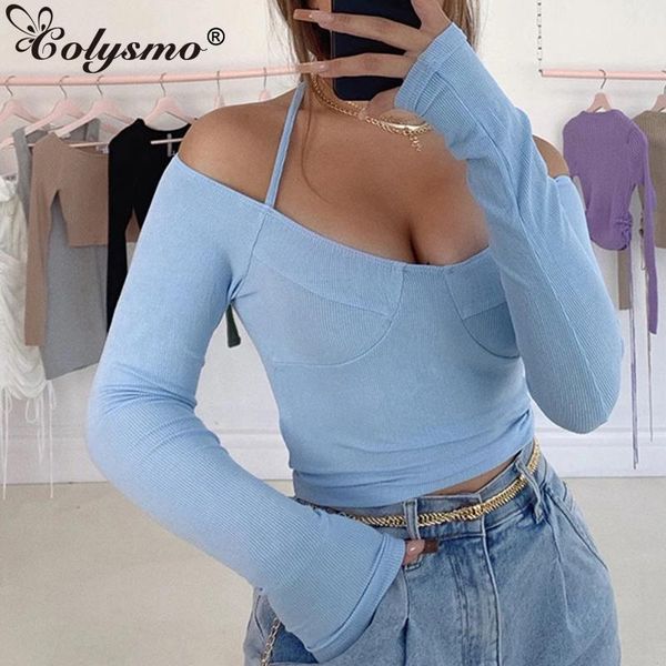 

colysmo black blouse women off shoulder ribbed knit halter tie up bodycon crop long sleeve fashion party casual clothes women's blo, White