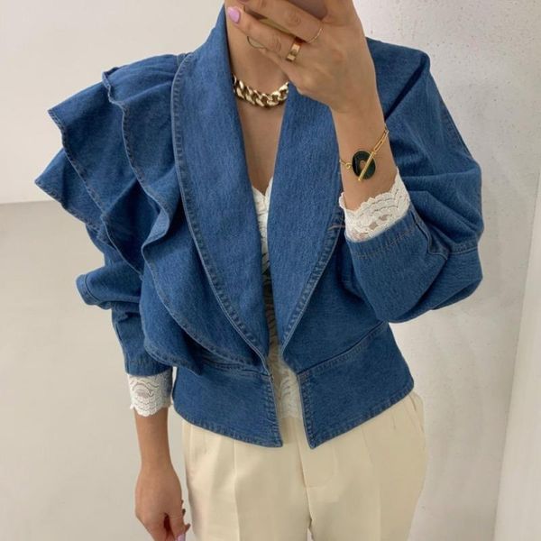 

women's jackets retro heavy work multi-layer flounces patchwork coats high waist long sleeve loose denim 2021 autumn chic outwears, Black;brown