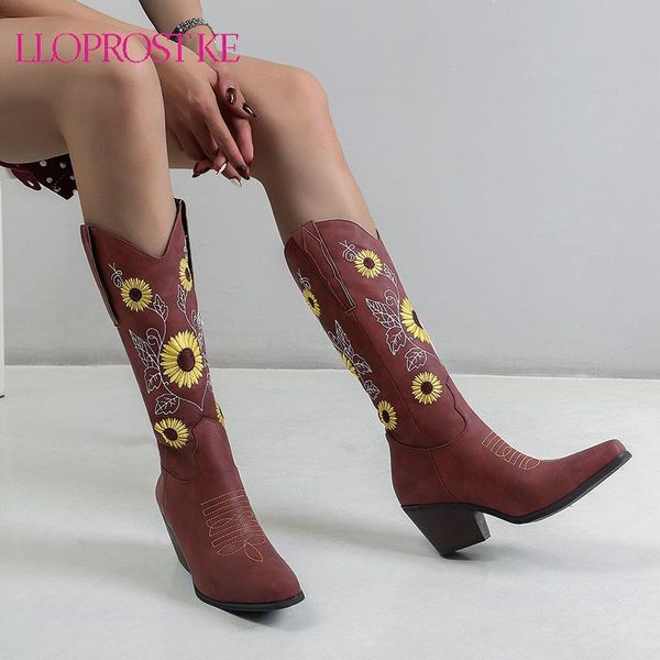 

boots lloprost ke knee high western cowboy for women winter pointed toe thick heels female boot fashion shoes woman, Black