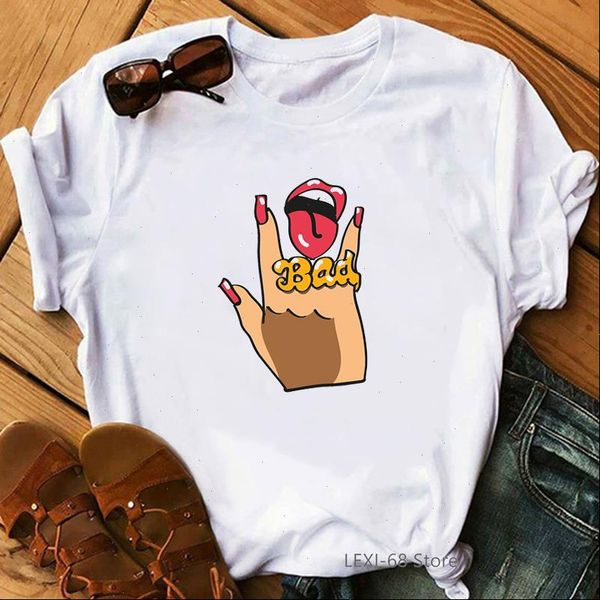 

funny bad women love t shirt clothes lips lipstick tshirt femme harajuku summer fashion female streetwear, White