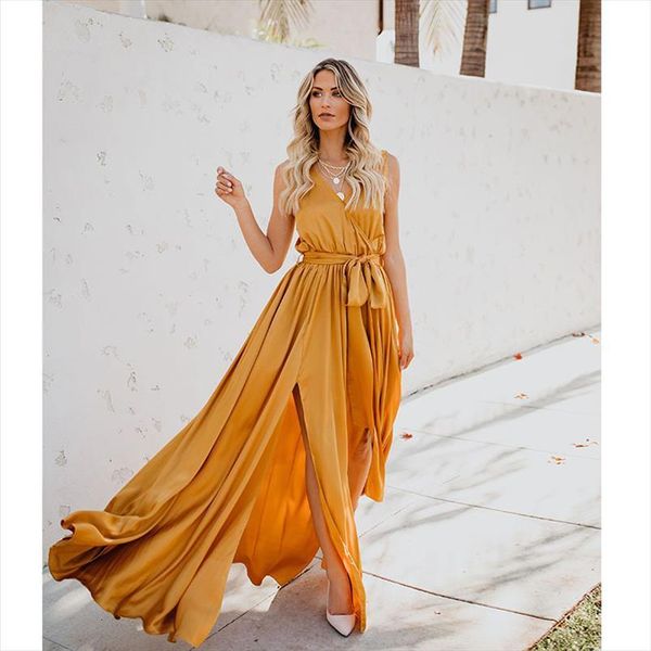 

bohemian long summer maxi women dress v neck sleeveless high slit evening party dresses beach, Black;gray