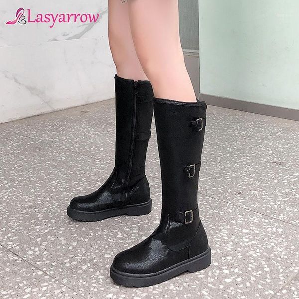 

boots lasyarrow 2021 chunky low heel autumn winter knee high women buckle strap black silver knight riding female shoes1