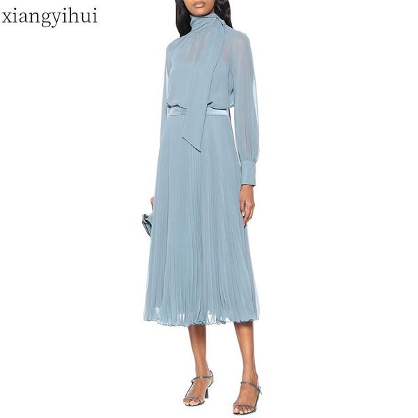 

casual dresses temperament elegant fake two-piece dress fashion women bow tie collar long sleeve pleated midi high waist vestido, Black;gray