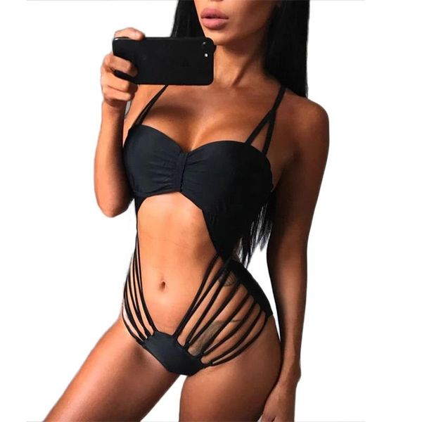 

two-piece suits woman's hollowed-out swimsuit solid color lace-up pleated backless elastic slim sling bikini beachwear