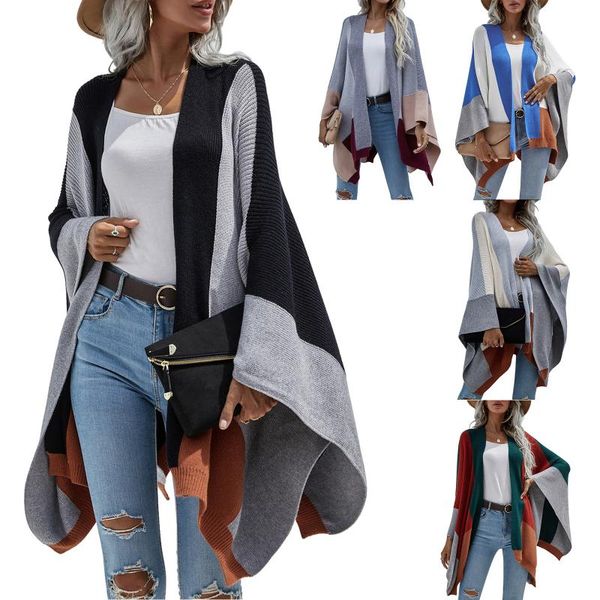 

women's knits & tees women autumn cardigan, splicing color long sleeve open front loose knitted coat for girls, 4 colors, White