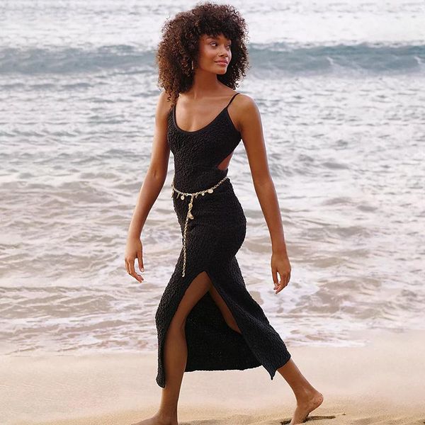 

women's wool & blends q21447 2021 summer sleeveless hollow out solid color open back lace up dress, Black