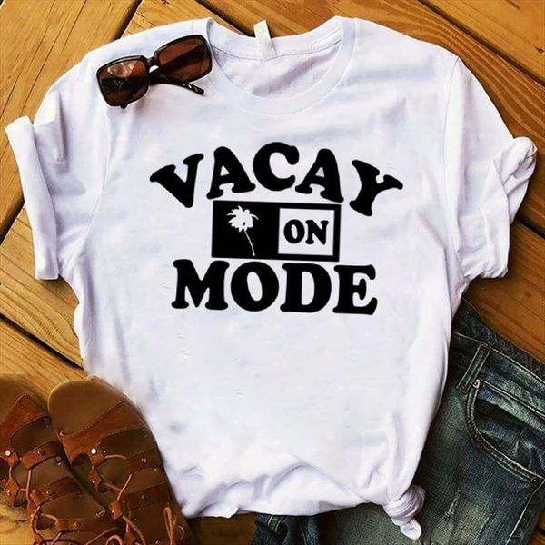 

vacay mode printed short sleeve womens t shirts loose tee clothes graphic, White