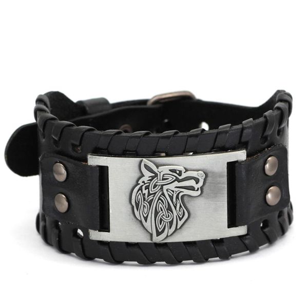 

tennis vintage men's wide leather adjustable bangle wolf head bracelet jewelry retro nordic charm wristband amulet punk cuff bracelets, Golden;silver