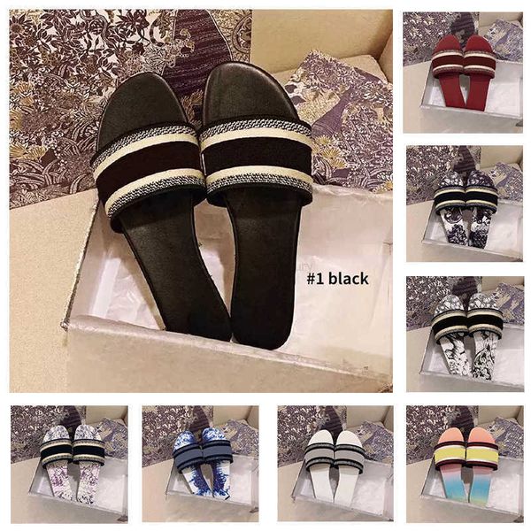 

2022 luxury spring and autumn new embroidered letters beach flat cotton slippers black fabric word sandals